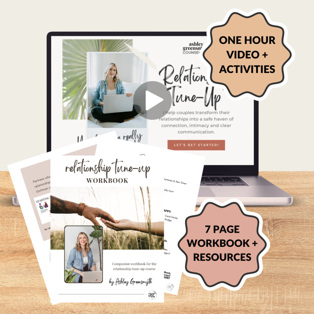 Image of a laptop on a desk with a picture of Ashley and a video play button super-imposed on top. The image is a promotion for an online course for couples.